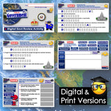 Educational materials on digital government review activity with multiple-choice questions and a map background.