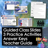 Educational materials including slides, activities, and answer keys on a world map background.