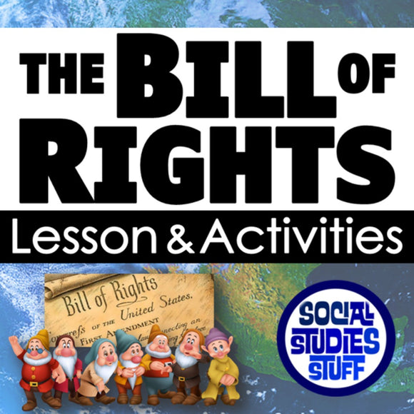 Promotional graphic for 'The Bill of Rights Lesson & Activities' with cartoon dwarves and Social Studies Stuff logo.
