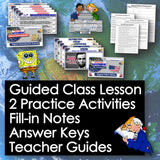 Educational materials including worksheets, a map, and cartoon characters on a blue background.