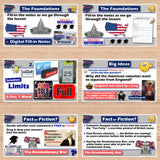 Educational materials on a wooden surface, including digital fill-in notes and fact or fiction questions about the American Revolution.