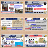 Educational posters on a wooden surface about history, government, and the Constitution.