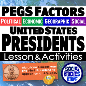 Educational poster about PEGS Factors for United States Presidents with colorful text and a coin illustration.