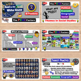 Educational materials on a wooden surface with various graphics and text related to social studies and US presidents.