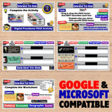 Educational software interface with multiple screens on a wooden surface, featuring Google and Microsoft compatibility text.