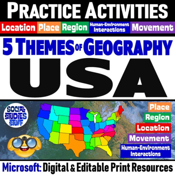 United States 5 Themes of Geography, US Map Practice Activities - MS Digital Resources