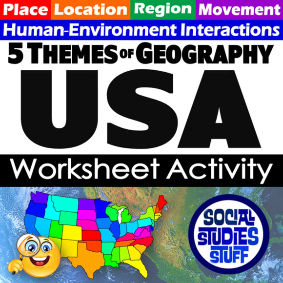Sheet with '5 Themes of Geography USA Worksheet Activity' title and a colorful map of the USA.