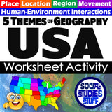 Sheet with '5 Themes of Geography USA Worksheet Activity' title and a colorful map of the USA.