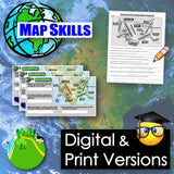 Map skills educational materials with maps and worksheets on a world map background.