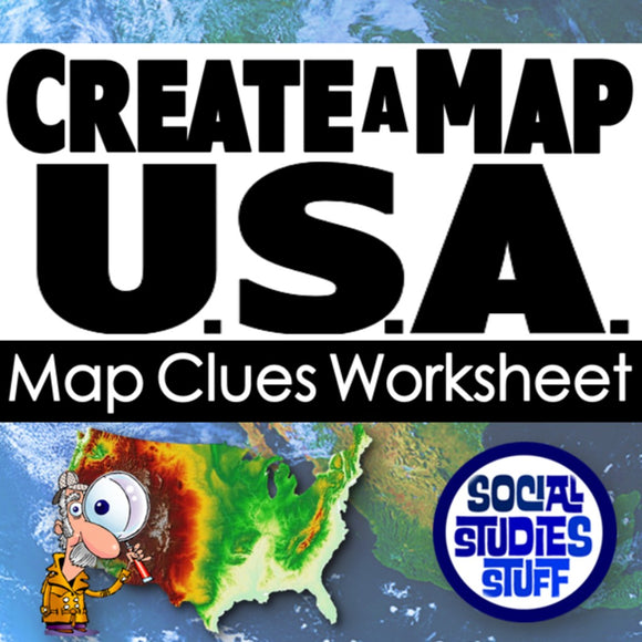 Worksheet titled 'Create a Map U.S.A. Map Clues Worksheet' with a cartoon character and map of the United States.