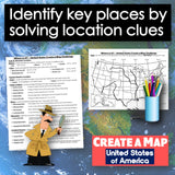 Map activity for identifying key places in the United States with a detective illustration and colored pencils.