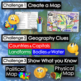 Educational graphic with map challenges and related elements on a world map background.