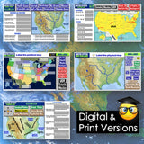 Collection of educational maps of the United States with digital and print versions text overlay.