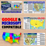 Educational maps and resources for the United States on a wooden surface with 'Google & Microsoft Compatible' text.