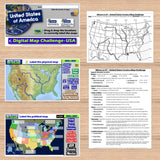 Collection of educational materials on a wooden surface, including maps and worksheets.