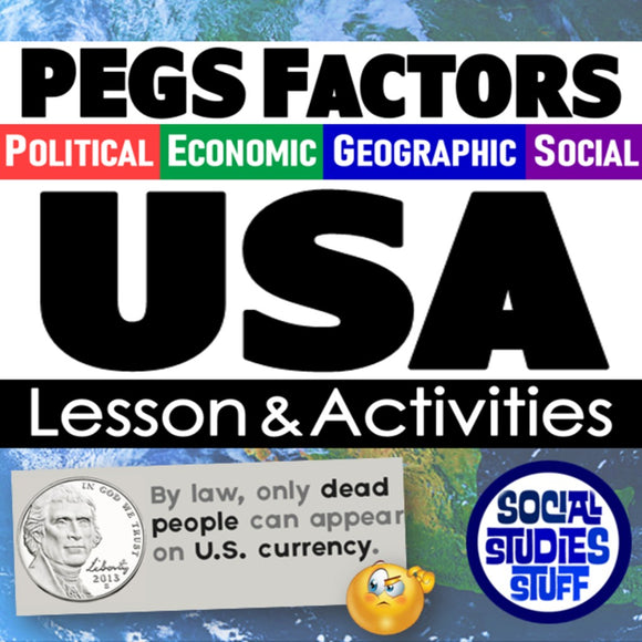Educational poster about PEGS Factors with USA lesson and activities on a world map background.
