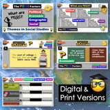 Educational materials on social studies with text and graphics on a map background