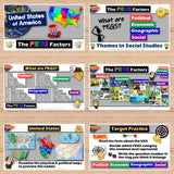 Educational materials on the PEGS Factors for social studies, displayed on a wooden surface.
