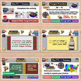 Educational software interface with multiple screens showing activities and questions.