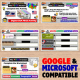 Educational software interface with multiple screens on a wooden surface, featuring Google and Microsoft compatibility text.