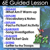 Educational lesson plan with steps and a cartoon illustration of soldiers on a blue background.