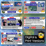Educational materials about Veterans Day with various questions and activities on a blue background.