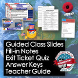 Educational materials and resources for Veterans Day with digital fill-in notes, exit ticket quiz, and related items on a blue textured background.