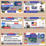 Educational materials about Veterans Day on a wooden surface