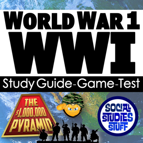 Promotional graphic for World War 1 study guide, game, and test with 'Social Studies Stuff' branding.