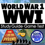 Promotional graphic for World War 1 study guide, game, and test with 'Social Studies Stuff' branding.