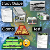 Study guide for 'The $1,000,000 Pyramid' game with game components and educational materials on a world map background.