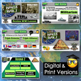 Educational World War I review materials with text and graphics on a blue world map background.