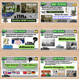 Educational World War I review materials on a wooden surface