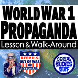 Promotional graphic for World War 1 propaganda lesson and walk-around activity with Uncle Sam and U.S. flag design.