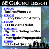 6E Guided Lesson structure with activities on a blue and green abstract background