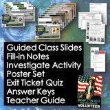 Educational materials including slides, notes, activities, and a poster set on a blue background.