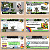 Educational slides on World War I propaganda and a history dilemma with various graphics and text.