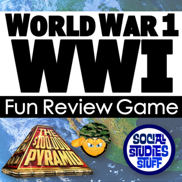 Promotional graphic for a World War 1 review game with game box and logo.