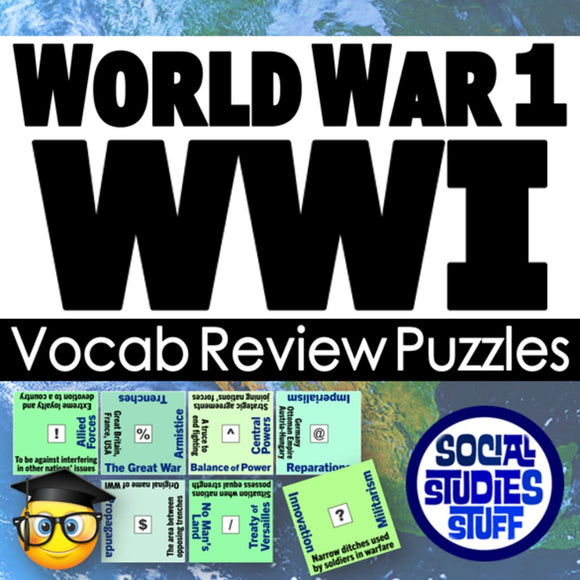 Vocab review puzzles for World War 1 with a map and text overlay.