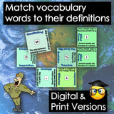 Educational material with vocabulary cards and definitions on a world map background, featuring a cartoon soldier and graduation cap emoji.