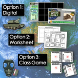 Educational materials for World War I on a world map background with digital, worksheet, and class game options.
