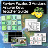 Educational materials including puzzles, answer keys, and a teacher guide on a world map background.