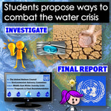 Promotional graphic for a water crisis investigation project with text and icons.