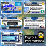 Educational materials on the global water crisis with UN logo and digital/print versions text.