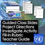 Educational materials with text about guided class slides and project directions on a world map background.