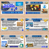 Educational content about the global water crisis displayed on a wooden surface.