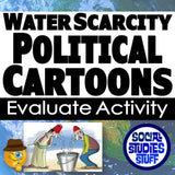 Cartoon with two people and a bucket labeled 'Water Scarcity Political Cartoons Evaluate Activity' by Social Studies Stuff.