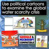 Collection of political cartoons examining global water scarcity crisis with text overlay.