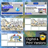 Collage of digital and print versions of a political cartoon activity on the global water crisis.