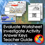 Educational materials including worksheets and a digital activity on a world map background.